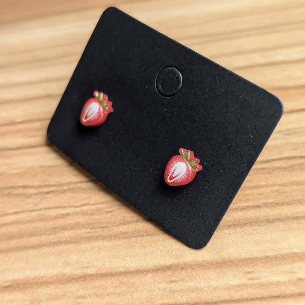 Mini Strawberry Slice Red White Gold Acrylic Fruit Stud Earrings Gift - Picture 2 of 4